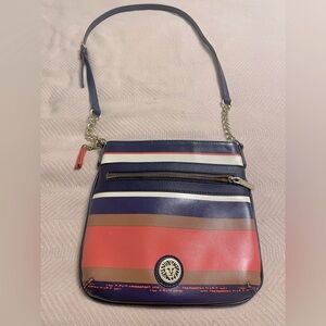 Anne Klein Sleek Blue, Orange, Tan, and White Crossbody Bag with Gold Accents